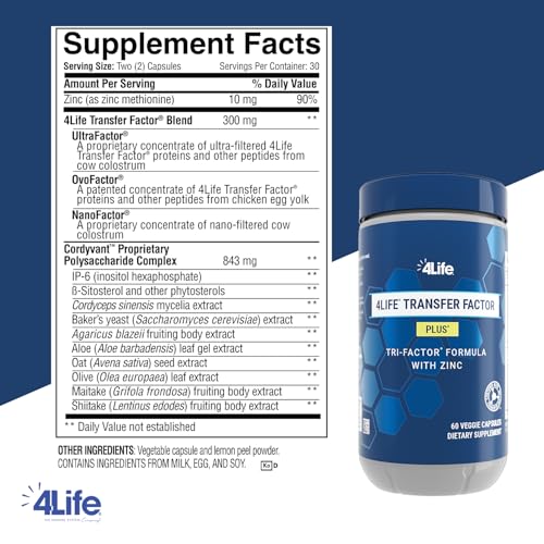 4Life Transfer Factor Plus - Support with Zinc, Super Mushroom Blend (Maitake, Shiitake, Agaricus), and Colostrum & Egg Yolk Extracts - 60 Capsules