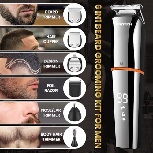 PRITECH Beard Trimmer for Men, 6 in 1 Beard Trimmer Kit, Electric Beard Trimmer with Hair, Precision, Body, Nose, Foil Razor, Grooming Kit Waterproof IPX6 (Silver)
