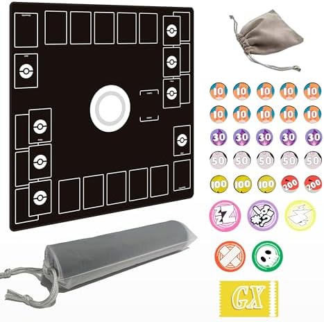 Playmat for Trading Card Game – 2-Player Trainer Mat with Damage Counters and Professional Storage Bag (Black, Large)