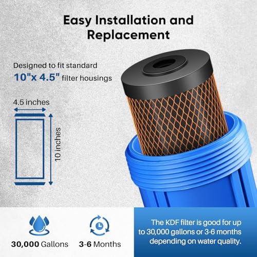 PUREPLUS 5 Micron 10" x 4.5" Whole House Coconut Shell Activated Carbon and KDF Water Filter, Heavy Metal Removal Replacement Water Filter, Compatible with GXWH40L, GXWH35F, BB10, CTO10BB-KDF, 2 PACK