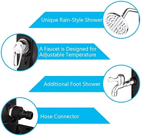VINGLI Solar Heated Shower, 5.5 Gallon Outdoor Shower with Shower Head and Foot Shower Tap for Outdoor Backyard Poolside Beach Pool Spa,Black (5.5 Gallon)