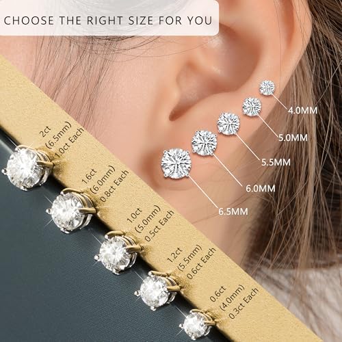 Moissanite Stud Earrings, 0.6ct-2ct DF Color Brilliant Round Cut Lab Created Moissanite Earrings 18K White Gold Plated Silver Friction Back for Women Men