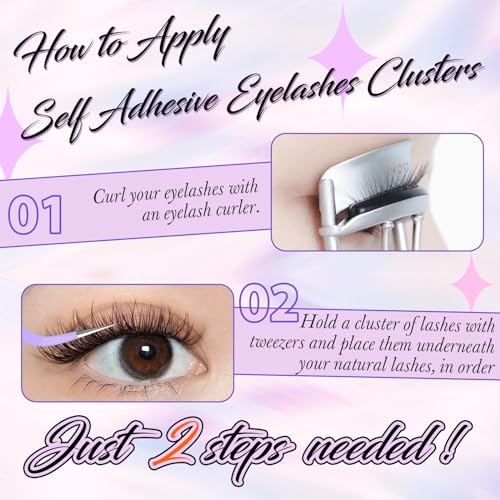Self Adhesive Cluster Lashes Natural No Glue Individual Lashes Wispy Self Adhesive Eyelash Clusters with Clear Self Adhesive Strips DIY Eyelash Extensions(10-12MM)
