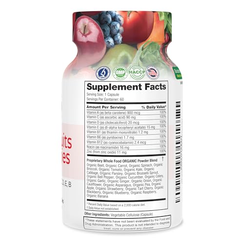 FeelGood Superfoods Vita Fruits and Veggies Capsules - 25 Superfood Ingredients, Fruit and Vegetable Multivitamin, 60 Count - for Men and Women - Vitamins A, C, D, E, B and Zinc