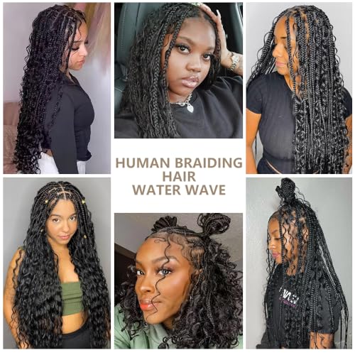 Human Braiding Hair 110g Water Wave Bulk Human Hair for Braiding 2 Bundles/Pack 14 Inch Wet and Wavy Boho Knotless Braids No Weft Brazilian Virgin Curly Extensions Black