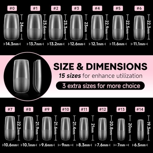 UNA GELLA 504Pcs Medium Square Nail Tips, Acrylic French Pre-shape Matte Full Cover Soft Gel x Nails, Fake Nails for Nail Extension Home DIY Art Salon 15 Sizes Press on False Nails