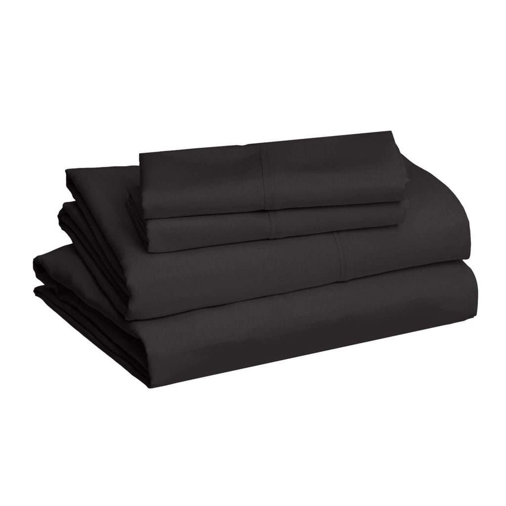 Amazon Basics Lightweight Super Soft Easy Care Breathable Microfiber 4 Piece Cozy Comfortable Bed Sheet Set, Wrinkle Resistant with 14-Inch Deep Pockets, Queen, Black, Solid