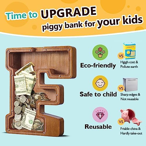 Summidate Large Wooden Piggy Bank for Kids Adults, Alphabets Letter A-Z Piggy Bank for Boys Girls, Coins Bills Change Bank Box Personalized Initial Name Kids Money Bank for Birthday Present and Decor