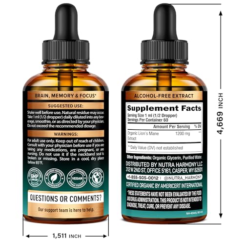Lions Mane Liquid - USDA Certified Organic Lions Mane Supplement - Brain Support, Energy, Memory & Focus - Sugar & Alcohol-Free Lion's Mane Mushroom Extract 72,000 mg / Bottle, 2 Fl OZ, 2 Month Supply