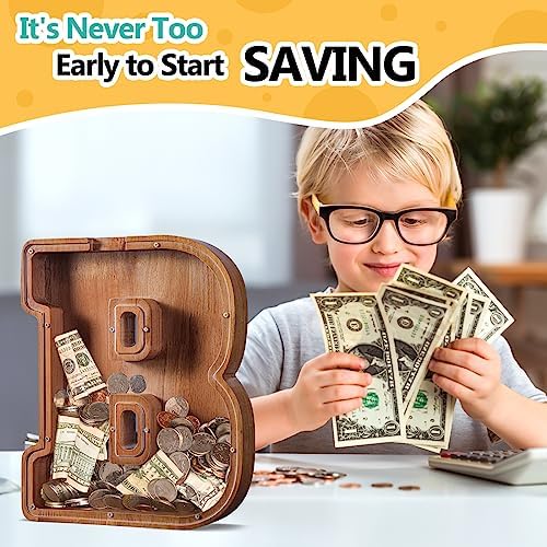 Summidate Customized Name Extra Large Wooden Piggy Bank for Kids Boys Girls Alphabets Letter A-Z Coins Bills Money Change Saving Box (Laser Engraved) Educational Toys 12"- Letter B