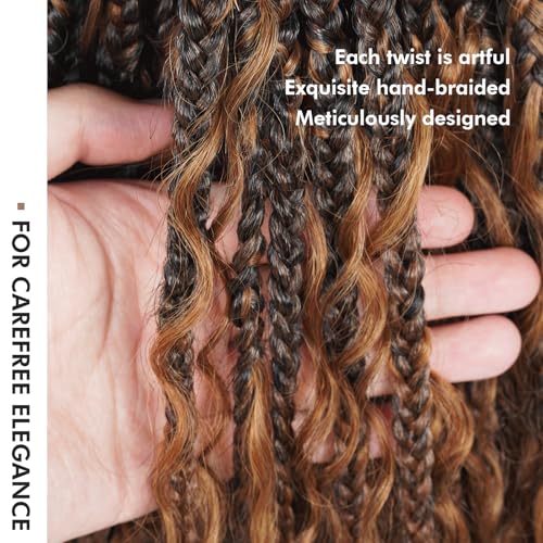 Toyotress Boho Box Braids With Human Hair Curls - 20 Inch 2 Packs (24 Strands) Handmade Pre-Looped Crochet Human Hair Boho Box Braids, Ombre Brown CrochetBraids Braiding Hair (20 Inch, T30-2P)