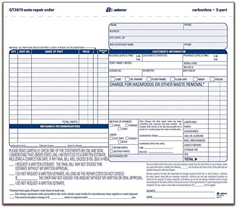 Adams Auto Repair Order Forms, 8.5 x 7.44 Inch, 3-Part, Carbonless, 50-Pack, White and Canary (GT3870) - 4 Pack