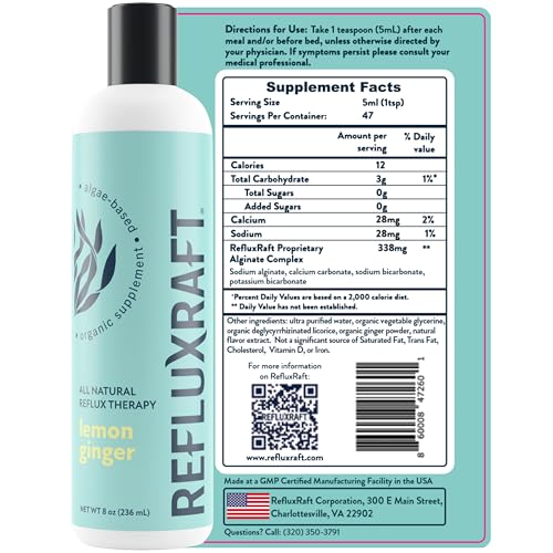 RefluxRaft Acid Reflux Therapy, Organic Alginate, Rapid & Long Lasting Gerd, LPR & Digestion Symptom Support, Zero Sugar, Gluten Free, Low Sodium, Lemon Ginger, 47 Gel Servings Per 8 OZ Bottle, 2 Pack