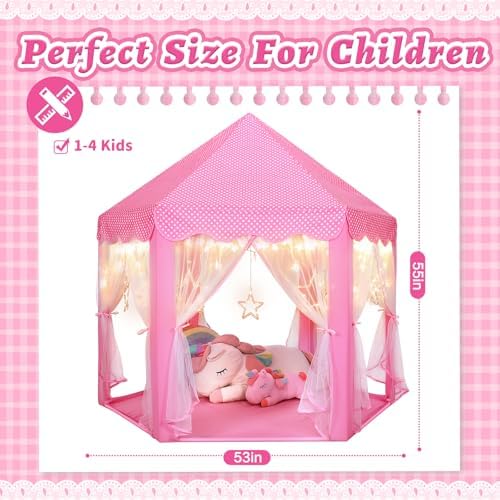 Monobeach Princess Castle Play Tent for Girls - Large 55'' x 53'' Playhouse with Star Lights for Indoor and Outdoor Play