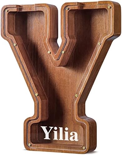 Summidate Customized Name Large Wooden Piggy Bank for Kids Boys Girls Alphabets Letter A-Z Coins Bills Money Change Bank Box Initial on Clear Cover (Laser Engraved) (Alphabet-Y, Personalized-12)