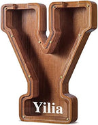 Summidate Customized Name Large Wooden Piggy Bank for Kids Boys Girls Alphabets Letter A-Z Coins Bills Money Change Bank Box Initial on Clear Cover (Laser Engraved) (Alphabet-Y, Personalized-12)