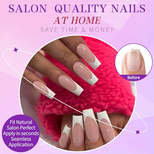 240pc French Tip Press on Nails Long Fake Nails with Glue and Adhesive Tab, False Acrylic Nails Press on Nails Square Nail Tips Artificial Glue on Nails Press ons Fingernail Stick on Nails