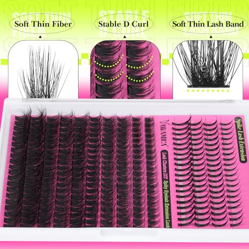 Yawamica Lash Clusters Kit with Spikes Manga Lash Extension Kit Fluffy Eyelash Clusters 10-16mm Cluster Eyelash Extensions 60D Individual Lashes 11-17mm Spiky Lashes with Bond and Seal Lash Tweezers