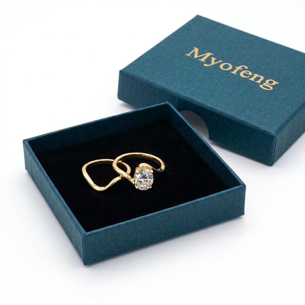 Myofeng 14K Gold Plated Stackable Rings for Women, Non Tarnish Cubic Zirconia Wedding Bands, Dainty Engagement & Promise Rings, Sizes 5-11 (Gold Set 3, 7)