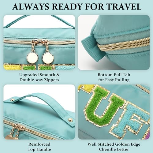 Stoney Clover Preppy Makeup Bag, Large Capacity Travel Cosmetic Bag, Chenille Letter Open Flat Nylon Bag, Mint