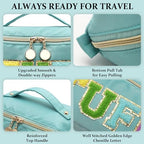 Stoney Clover Preppy Makeup Bag, Large Capacity Travel Cosmetic Bag, Chenille Letter Open Flat Nylon Bag, Mint