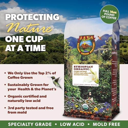Java Planet Organic, Ethiopian Medium Roast, Low Acid, Whole Bean Coffee 5LB Bag