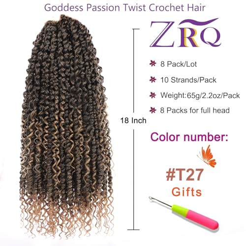 ZRQ Goddess Passion Twist Hair with Curly End 18 Inch Pre Twisted Passion Twist 8 Packs Ombre Blonde Pre Looped Long Boho Style Crochet Braids Hair Extensions for Women
