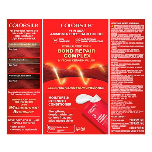 Revlon ColorSilk with Bond Repair Complex, Red Permanent Hair Color, 100% Gray Coverage, Ammonia Free Hair Dye, Vegan Keratin, 66 Cherry Red (Pack of 3)