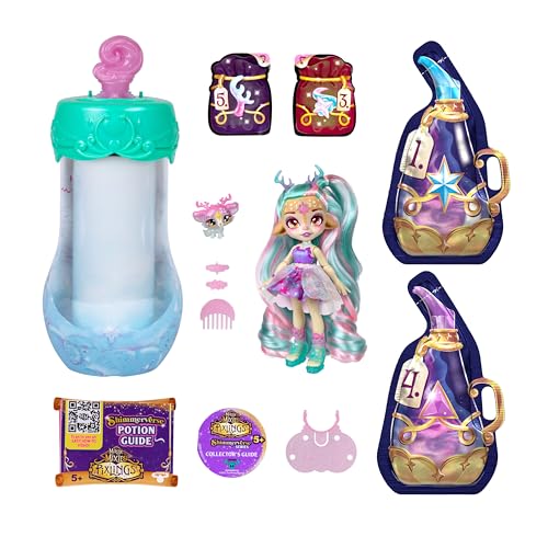 Magic Mixies Pixlings Deluxe Pack, Deerlee The Deer, Shimmer Reveal, Create & Mix Potion That Magically Reveals 6.5" Pixling Doll Inside Potion Bottle - Exclusive Mini Mixies & 6 Hair Accessories