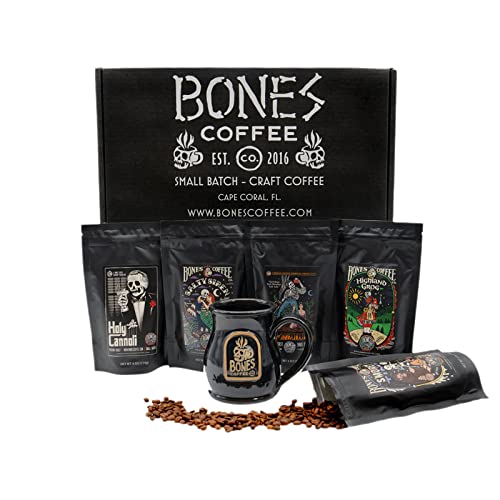Bones Coffee Company Favorite Flavors Sample Pack Gift Set with Coffee Mug Medium Roast Whole Bean Coffee Low Acid Flavored Coffee Beans (4 oz, Pack of 5)
