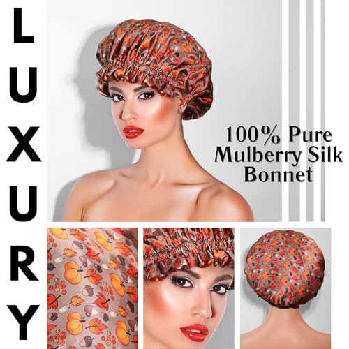 NOCHKA 100% Mulberry Silk Bonnet for Women Hair Care, Double Layered, Silk Hair Wrap for Sleeping with Elastic Stay On (Acorn)