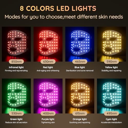 Red Light Therapy for Face, 7+1 Color Infrared Light 850nm Portable Wireless Led Face Mask Light Therapy with Timing Function and Rechargeable for Facial Led Mask Skincare at Home and Travel
