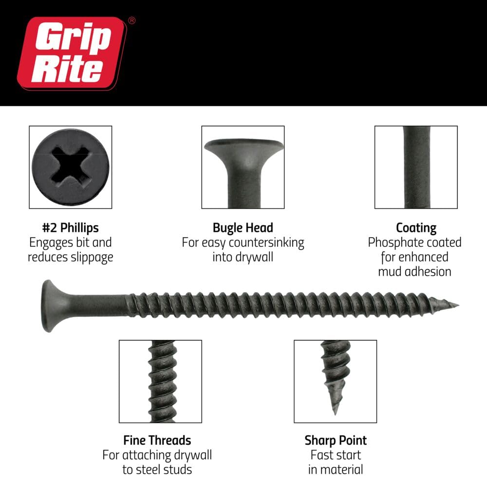Grip-Rite Fine Thread Drywall Screws - #2 Phillips Bugle Head - Sharp Point - Attach Drywall to Steel Studs - Phosphate Coated - #6 X 1-5/8" - 5 Lb Box - 1190 Count - 158DWS5