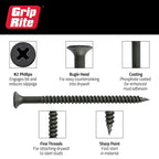 Grip-Rite Fine Thread Drywall Screws - #2 Phillips Bugle Head - Sharp Point - Attach Drywall to Steel Studs - Phosphate Coated - #6 X 1-5/8" - 5 Lb Box - 1190 Count - 158DWS5