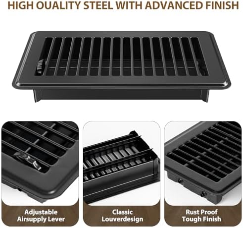 Floor Vent Covers 4x12, Black Floor Registers, Heavy Duty Steel Vent Covers for Home Sidewall Office Floor Vents 2 Pack