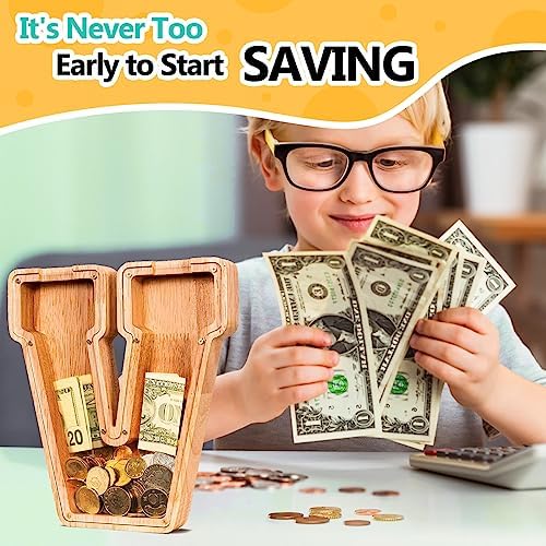 SummiDate Wooden Letter Piggy Bank| Piggy Bank for Boys Girls Toddler| Alphabet V Money Bank| Coin Bank Birthday Gift for Kids|Birthday Gift for Kids (V)
