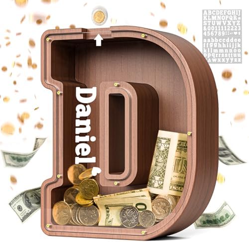 Summidate Wooden Letter Piggy Bank, Extra Thick Large Capacity Piggy Bank for Kids Boys Girls Toddler, Alphabet D Money Bank| Coin Box Birthday, Christmas, Festival