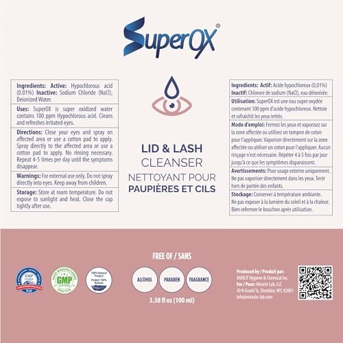 Superox Hypochlorous Acid Spray For Face - Natural Eyelid Cleanser - Safe for All Skin Types - Pure & Gentle Hypochlorous Acid Spray, 100 ml (3.38 oz)