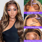 Honey Blonde Ombre Lace Front Wig Human Hair Highlight Body Wave 13X6 Lace Front Wigs Human Hair Pre Plucked HD Frontal 180 Density Glueless 4/27 Highlighted Human Hair Wig 30 Inch