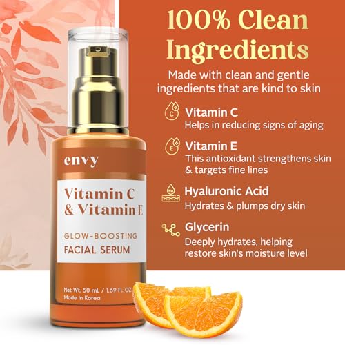 Envy Vitamin C Serum with Vitamin E & Glycerin - Skin, Dark Spot Reduction & Anti-Aging, Dermatologist Tested, Hydrating Glass Skin Serum - Cruelty-Free for All Skin Types - 1.69 Oz