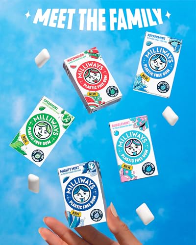 Milliways Mighty Mint Super Natural Gum - Plastic-Free Chewing Gum | Xylitol, Aspartame-Free, Sugar-Free, Plant-Based | 4 Packs of 10 Pieces (40 Pieces Total)
