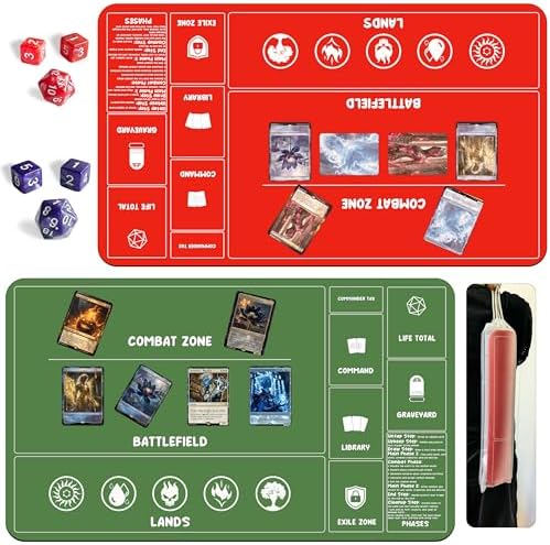 Card Game Playmats MTG Playmat for Beginner 2 Pack with Dices, Magic Mat Commander Deck Card Playmat for TCG MTG Accessories Play Mat 24x14 Inches Duel Card Battles, Red/Green