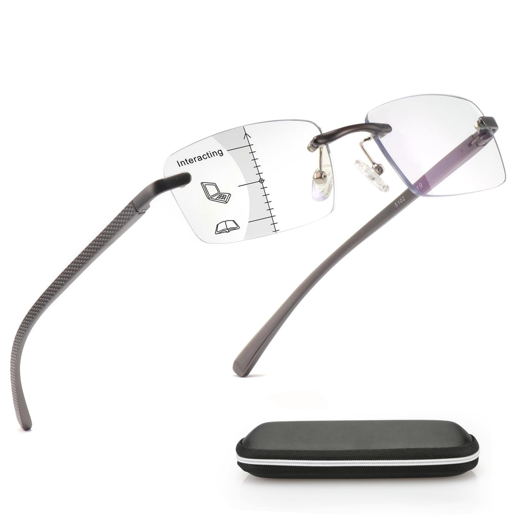 Missfive Premium Aluminum Progressive Multifocus Reading Glasses Men Blue Light Blocking, No-Line Spring Hinge Rimless Office Multifocal Metal Readers,1.25x-2.5x on A Lens for Near Range, Gunmetal