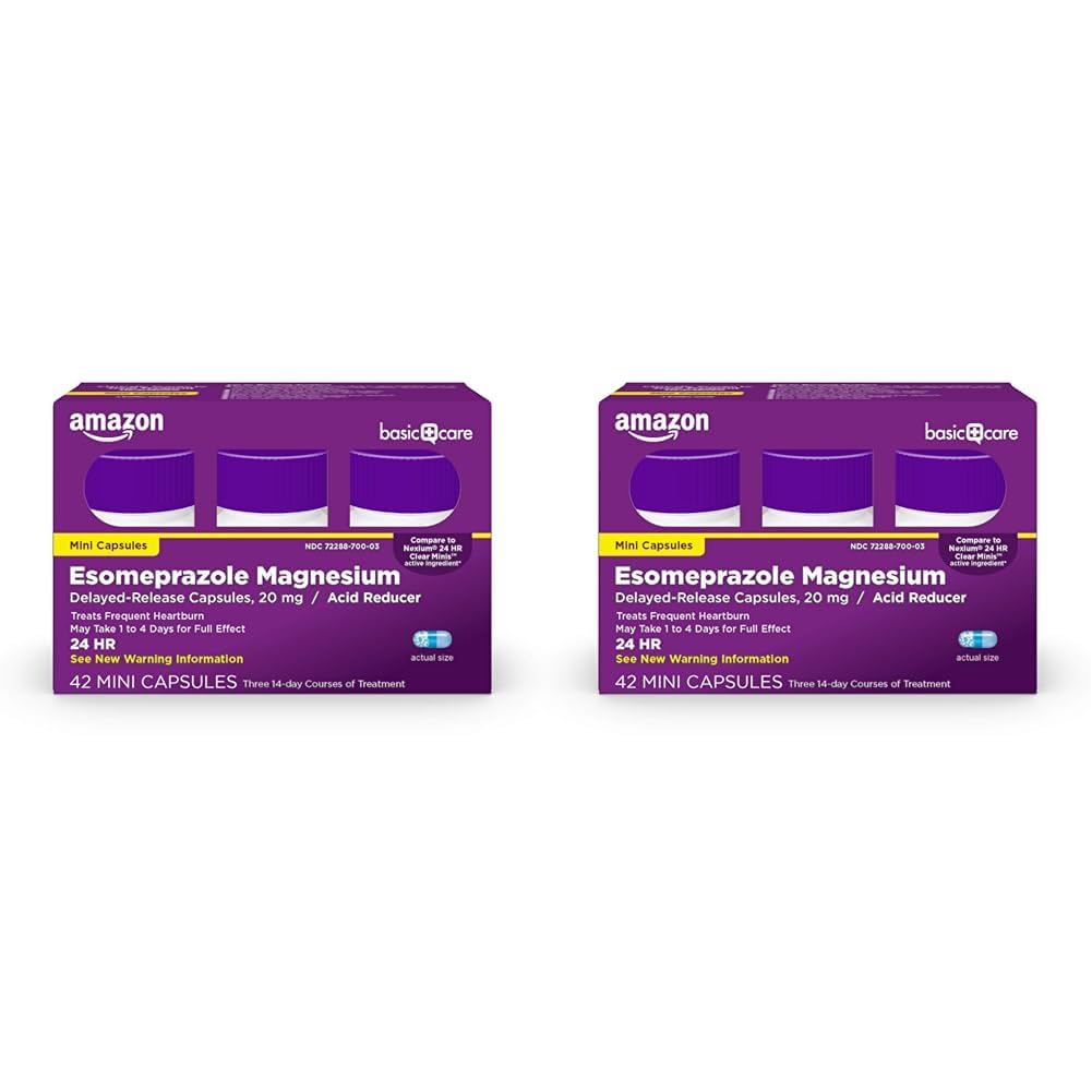 Amazon Basic Care Esomeprazole Magnesium Delayed-Release Mini Capsules, 20 mg, Acid Reducer, 24 Hour Heartburn Medicine, 42 Count (Pack of 2)