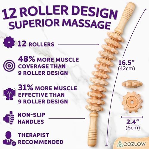 Wooden Massage Roller Stick (12 Rollers) - Curved Wood Therapy Massage Tool for Body Sculpting, Fascia Release & Lymphatic Drainage - Maderotherapy Helps Reduce Cellulite Appearance - by Cozlow