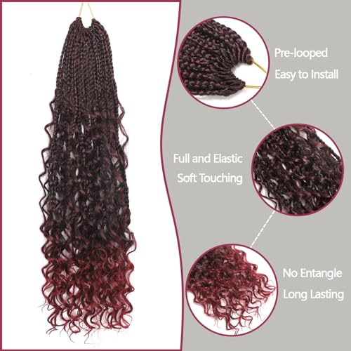 TBUG Goddess Crochet Braids 24 Inch Ombre Burgundy Crochet Boho Braids 8 Packs 3X Crochet Hair Bohomian Box Braids Crochet Braids Messy Pre-looped Synthetic Crochet Braids for Black Women