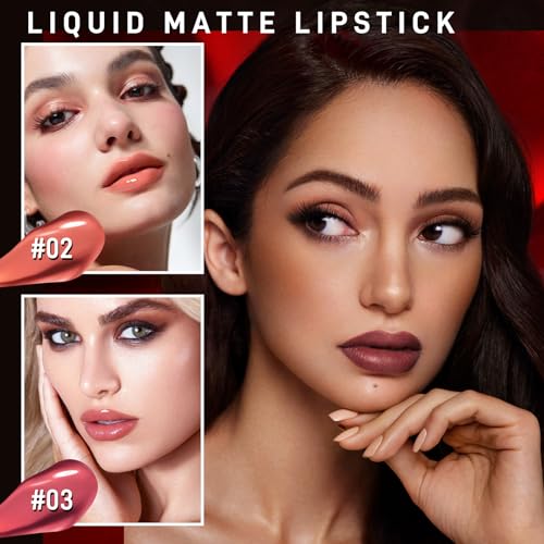 Matte Liquid Lipstick Set, 6 Colors 2-In-1 Mirror Matte Lip Glosses Kit,Velvet Lip Glaze Black Lipstick for Women,Long Lasting Shinny Lip Stain,Nude Lip Makeup Smudge Proof for Party Festival