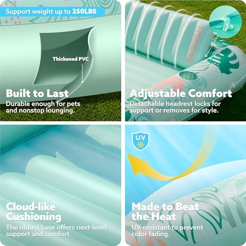 SLOOSH Inflatable Tanning Pool Lounger Float, 70" x 46" Pool Floats Adult with Pillow, 4 in 1 Suntan Tub Raft Floatie,Sunbathing Bed Lounge for Water Blow Up Kids Ball Pit Party Gifts, L-Aqua Blue