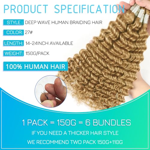 Blonde Human Braiding Hair for Boho Braids 22 Inch 6 Bundles Human Hair Braiding Hair Deep Wave Bulk Human Hair for Braiding No Weft Curly Human Hair Brading Hair Extensions 150g 27#
