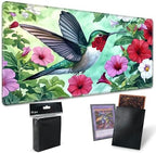 Playmats for Magic: The Gathering MTG Card Game Mat Plus 50 Pcs Card Sleeves, 24 x 14 inch TCG Mat with Stitched Edge for Commander Deck Duskmourn Board Game, Hummingbird Flowers